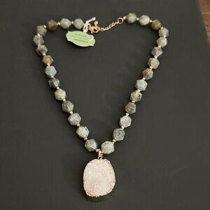 Elegant Gray and Gold Beaded Necklace with Druzy Pendant